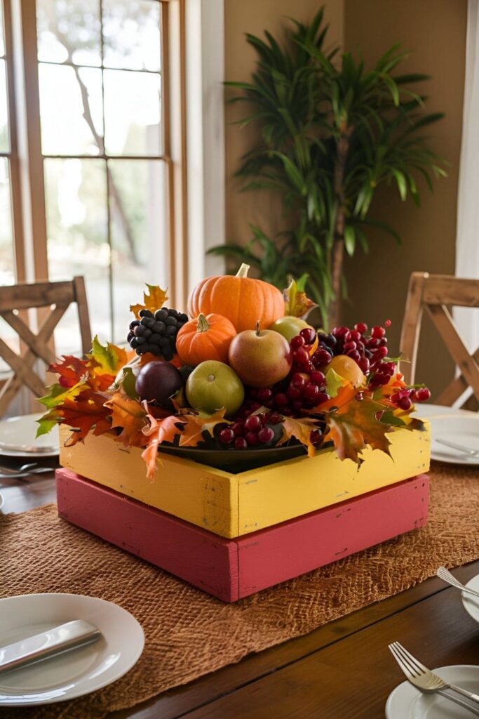 A table centerpiece made from pallet wood arranged in a box shape, painted in warm fall colors and filled with fruits, leaves, and mini pumpkins