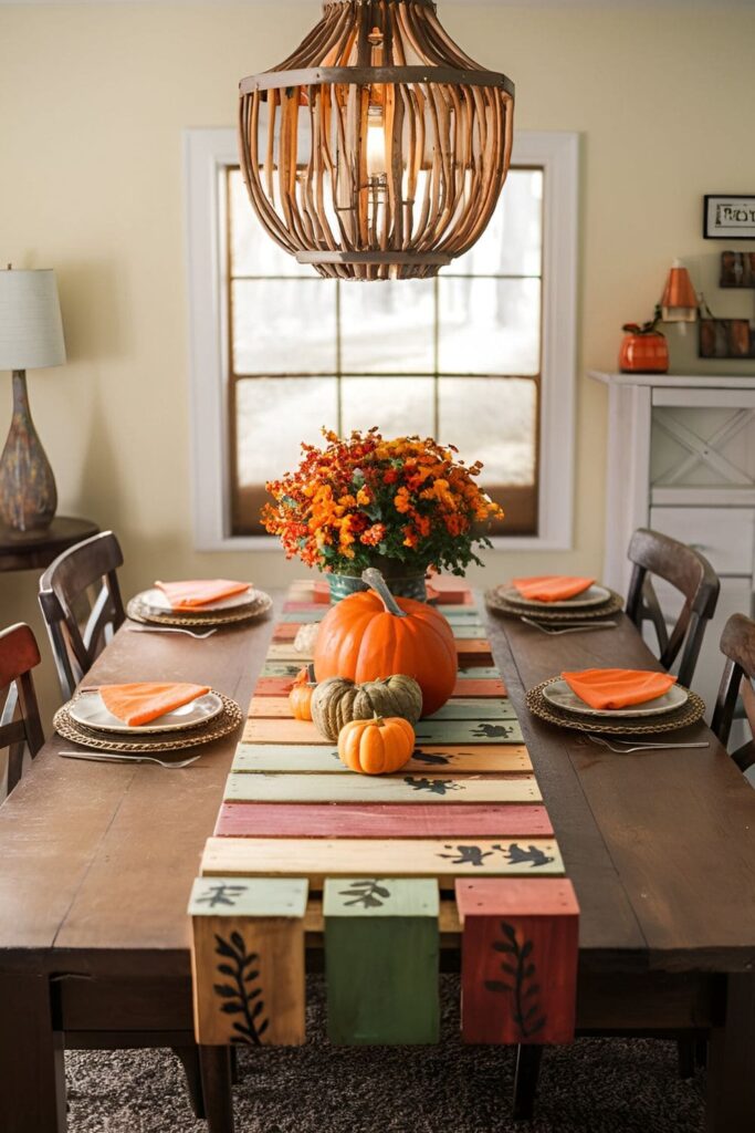 A table runner made from thin, flat pieces of pallet wood, painted in fall colors with stenciled leaf and pumpkin designs, adding a rustic touch to a dining table