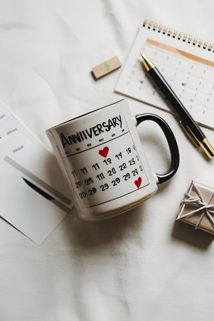 A thoughtful mug with a calendar design, highlighting a special date with a heart symbol, placed on a desk