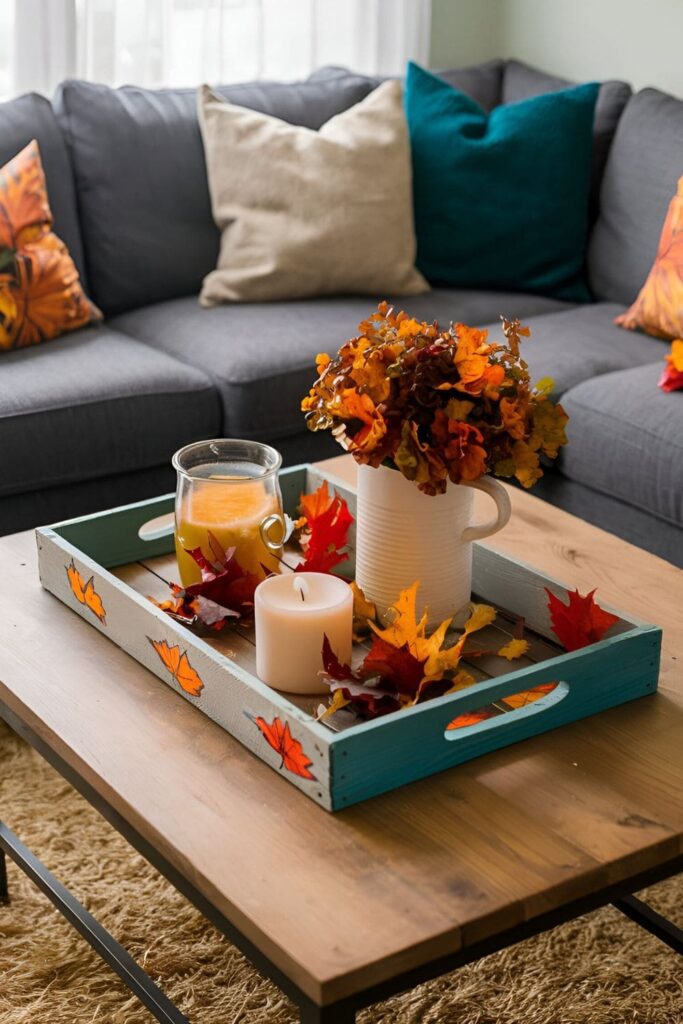 A tray made from pallet wood, painted with fall leaf designs, used for serving hot cider or as a decorative piece on a coffee table with candles and autumn leaves