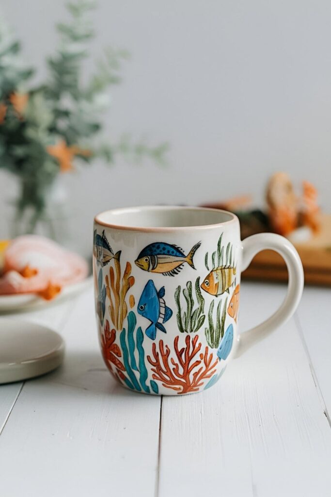 A whimsical mug with a hand-painted under-the-sea theme, featuring fish, coral, and other sea creatures in vibrant colors