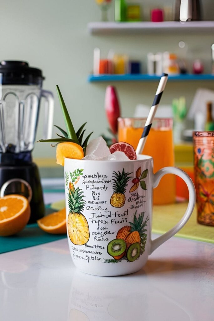 A white mug displaying a favorite drink recipe with small illustrations of ingredients, surrounded by drink-making tools