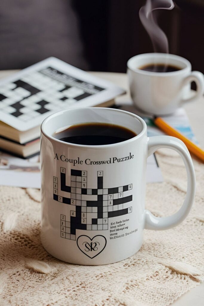 A white mug with a custom crossword puzzle design, surrounded by a crossword book and a pencil