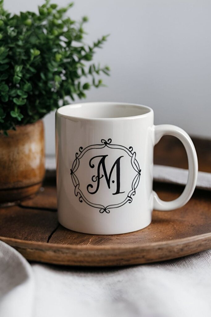 A white mug with an elegant monogram painted in a fancy script font, surrounded by a simple decorative border, creating a timeless look