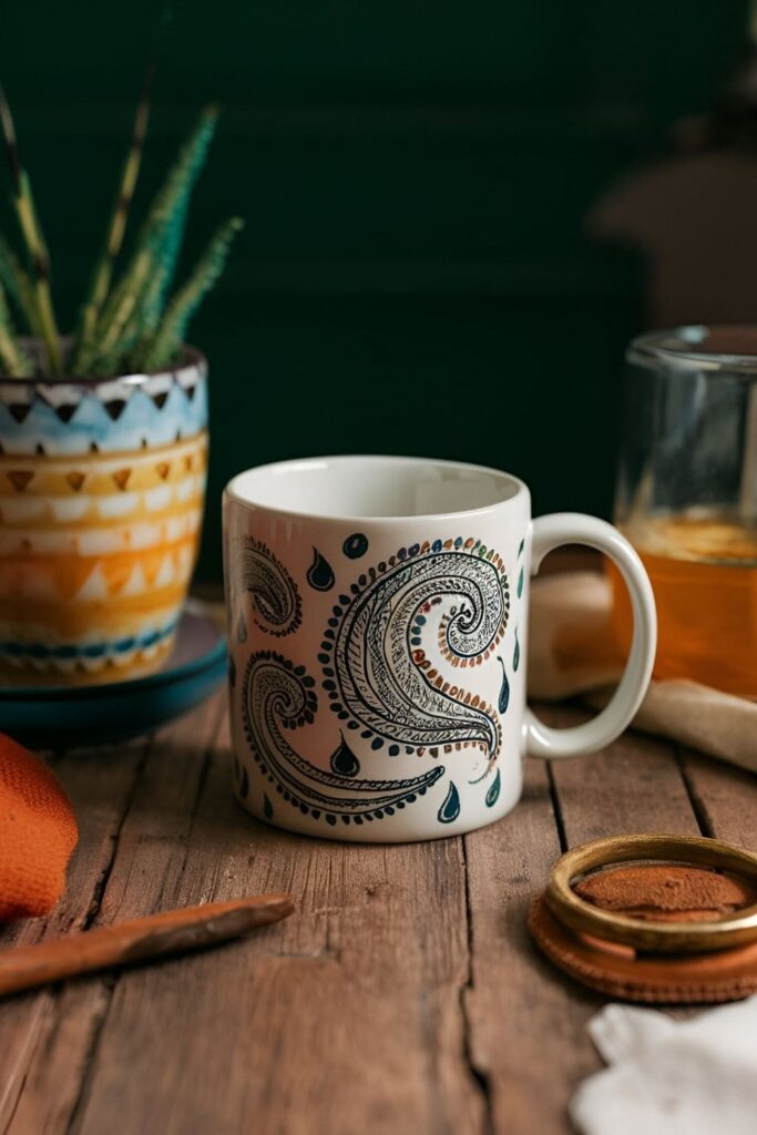 An artsy ceramic mug featuring intricate paisley designs with detailed swirls and teardrop shapes, creating an elegant look