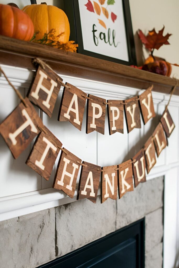 Autumn banner made from reclaimed wood pieces, with letters spelling 'Happy Fall,' hanging over a mantel