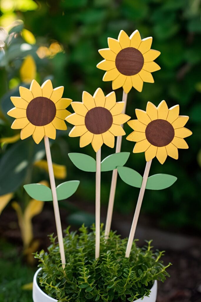 Bright yellow wooden sunflowers with brown centers mounted on wooden sticks, used as garden decorations