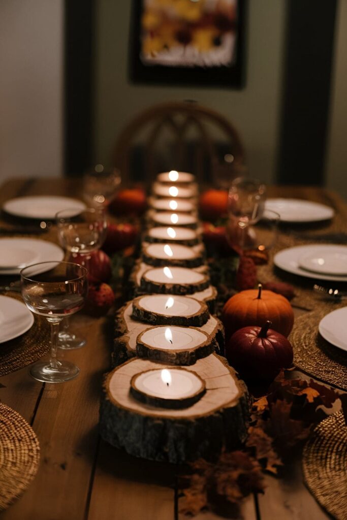 Candle holder centerpiece featuring wood slices with carved spaces for tea lights, set on a dining table with fall decor