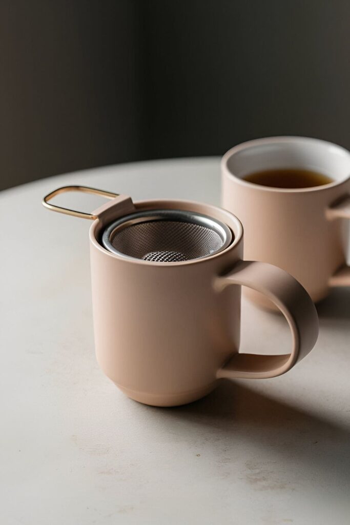 Ceramic mug with a built-in infuser for steeping loose-leaf tea, featuring a sleek pastel design