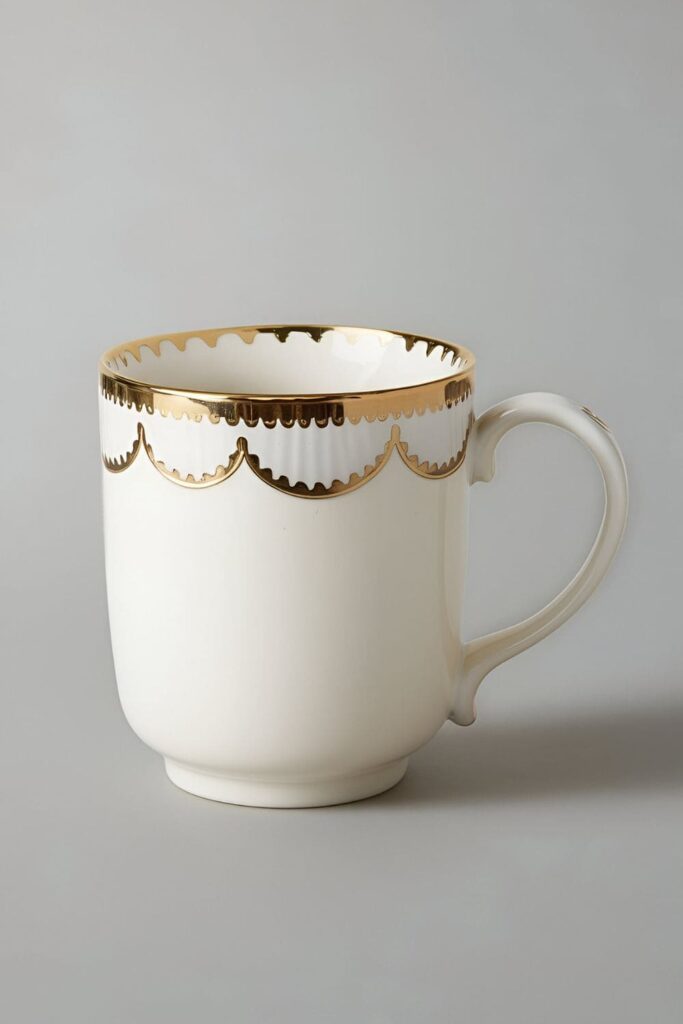 Ceramic mug with a decorative rim, featuring scalloped edges, gold trim, or hand-painted patterns in a classic color