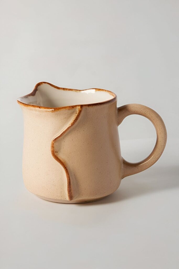 Ceramic mug with an irregular shape, featuring an uneven rim and asymmetrical design with a matte finish