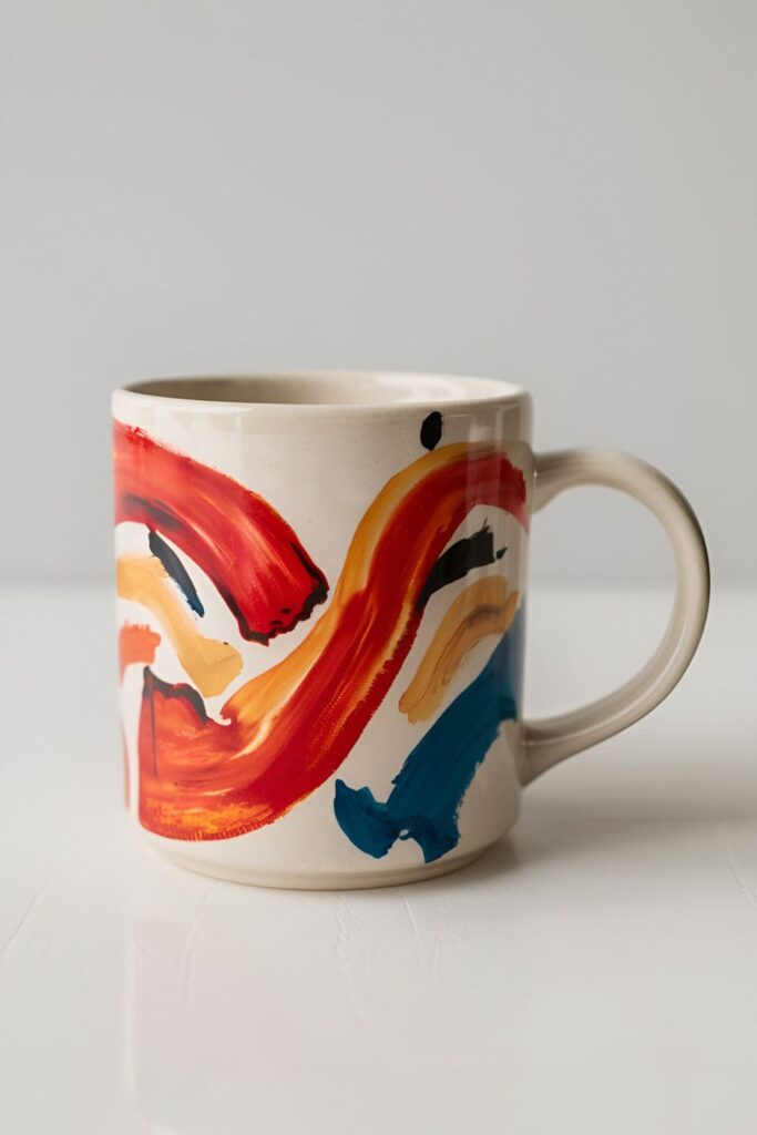 Ceramic mug with hand-painted abstract art, featuring bold brushstrokes and vibrant colors