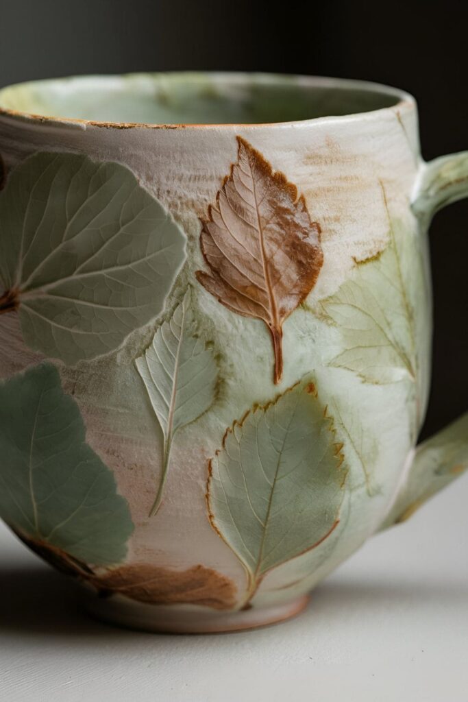 Ceramic mug with imprints of leaves and flowers, showcasing a delicate, textured design inspired by nature