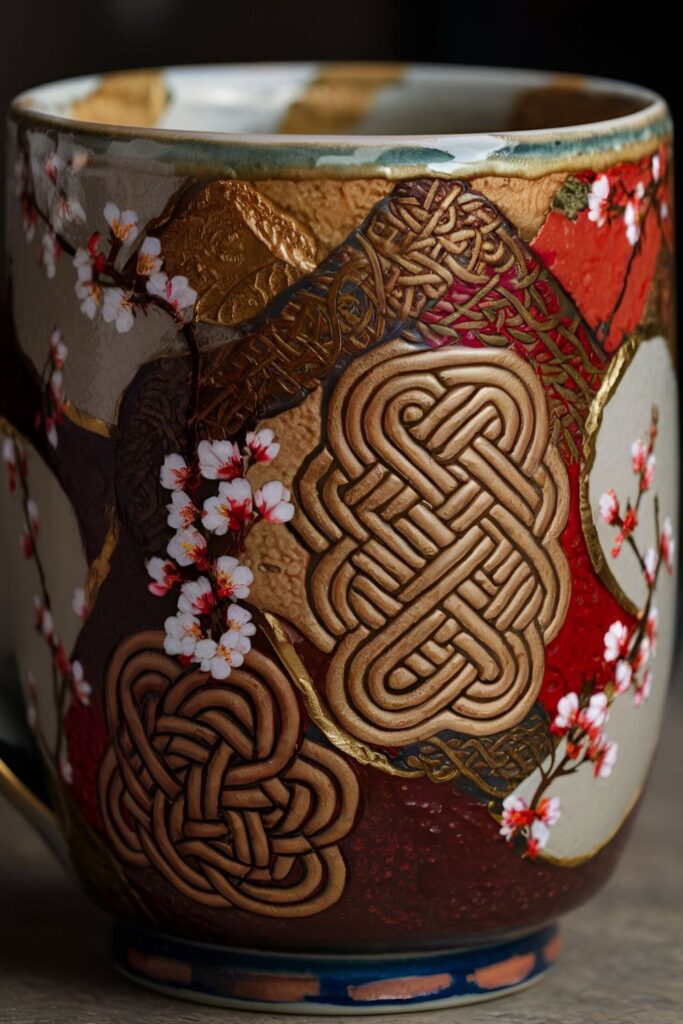 Ceramic mug with intricate cultural designs, such as Celtic knots or Japanese cherry blossoms, in rich traditional colors