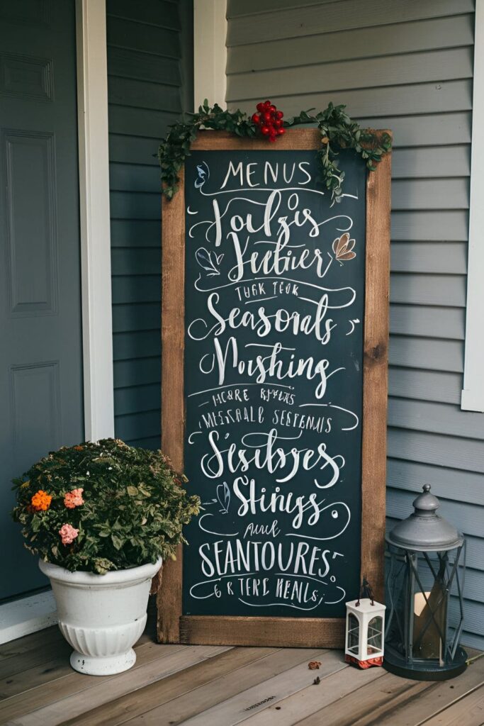 Chalkboard signs made from old wood, painted with chalkboard paint, displaying seasonal messages or menus