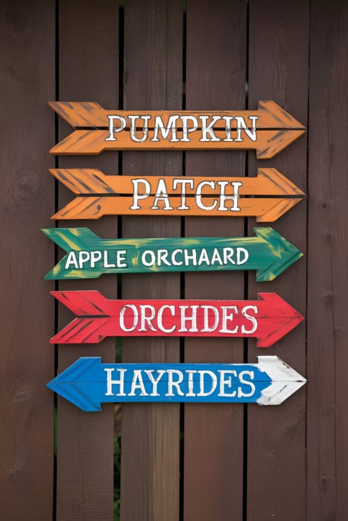 Decorative arrows made from pallet wood, painted in fall colors with text like 'Pumpkin Patch' and 'Apple Orchard,'