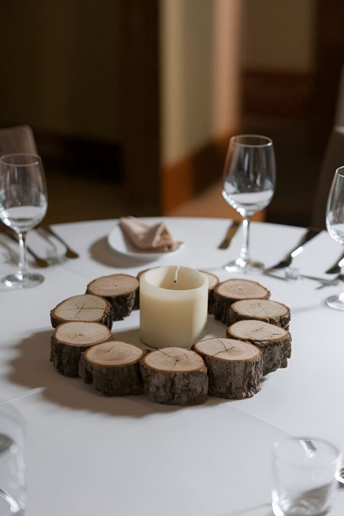 Decorative candle rings made from small wood slices arranged in a circle with a candle in the center on a dining table