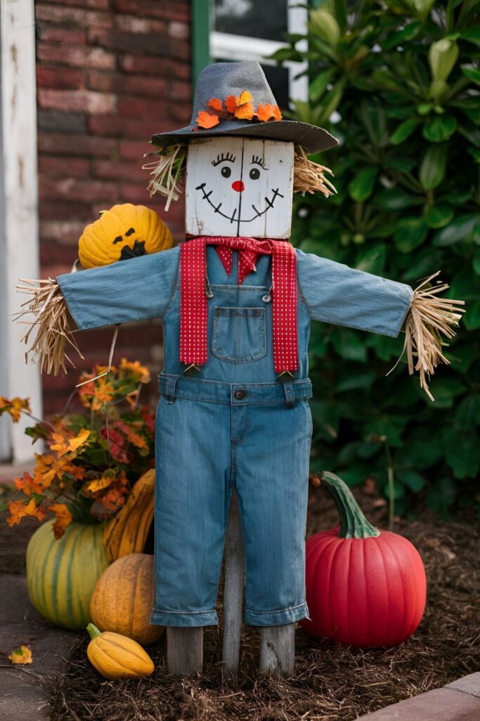 Decorative scarecrow made from wood, painted with a friendly face, dressed in fall attire, placed in a garden