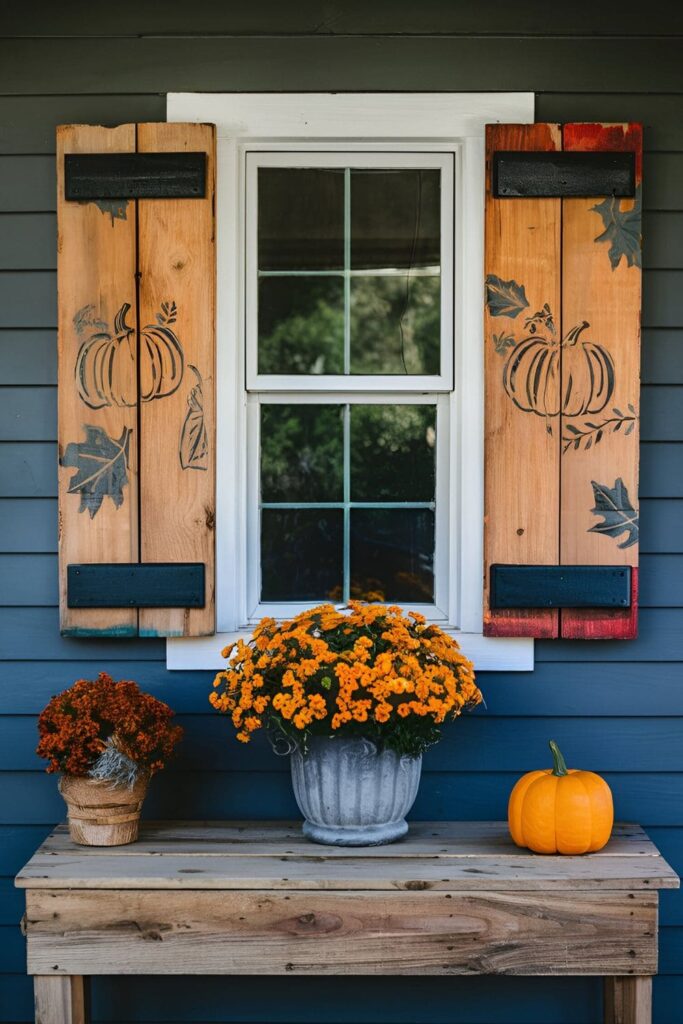 Decorative window shutters made from pallet wood, painted in fall colors with stenciled leaf or pumpkin designs, attached to windows for a rustic look