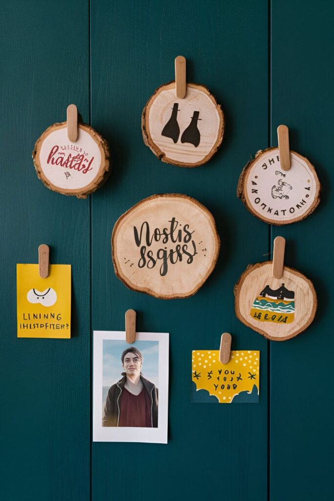 Decorative wood slice magnets with unique designs, attached to a refrigerator with notes and photos