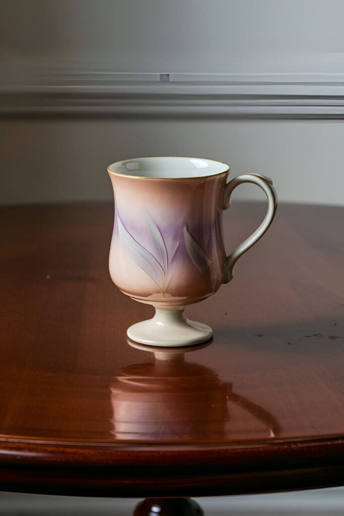 Elegant ceramic mug with a small pedestal base, elevated slightly off the table with a glossy pastel finish