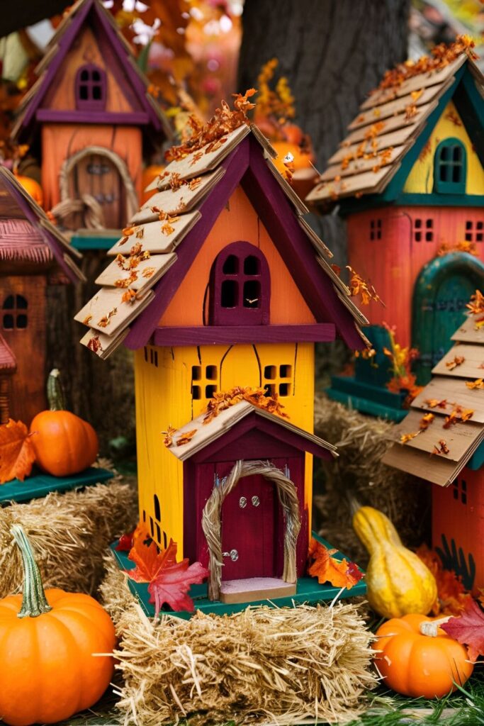 Fairy houses made from wood blocks, painted in autumn colors with tiny doors, windows, and roof shingles, creating a whimsical fall decor