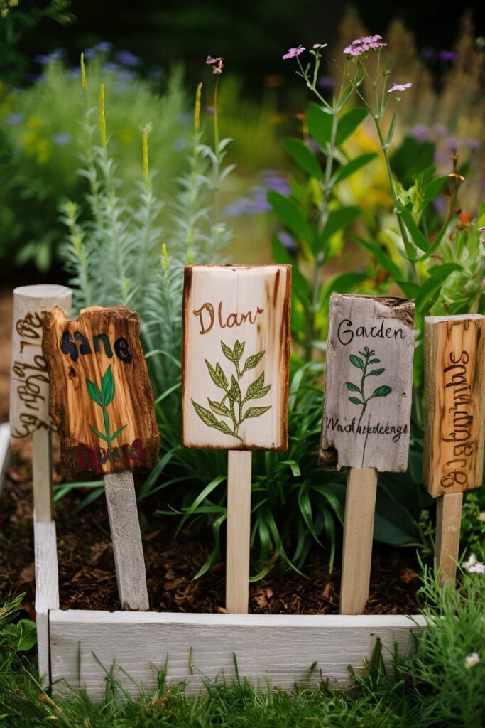 Garden markers made from wood, labeled with plant names, placed in a garden bed