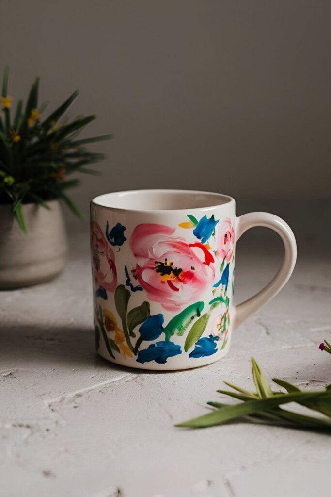 Hand-painted ceramic mug with bold, expressive floral brushstrokes in vibrant colors