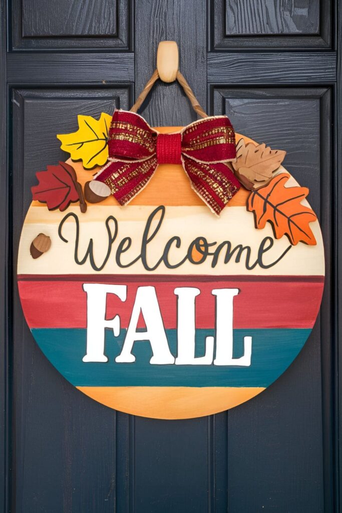 Hand-painted wooden door hangers with autumn colors and messages like 'Welcome Fall,' decorated with wooden leaves and acorns