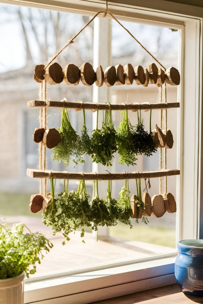 Herb drying rack made of wood slices threaded onto twine, hanging in a sunny kitchen window with herbs drying