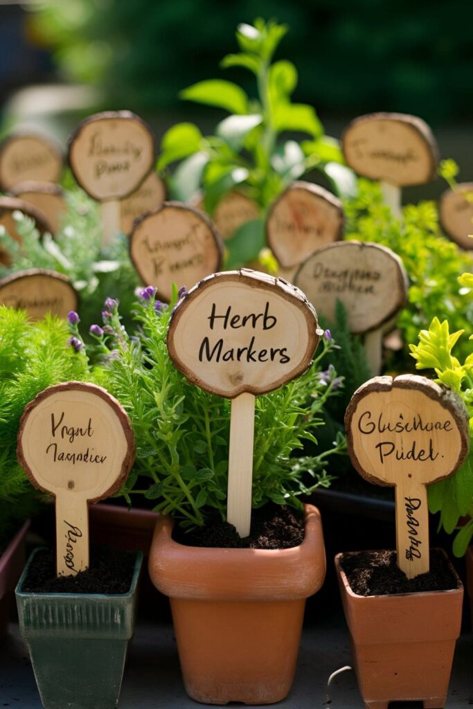 Herb markers made from wood slices, labeled with herb names, placed in garden pots or beds