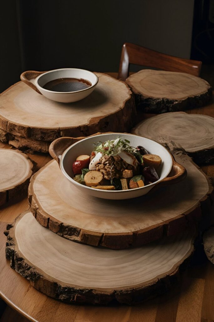 Large, thick wood slices used as trivets, protecting a dining table from hot dishes with a rustic look