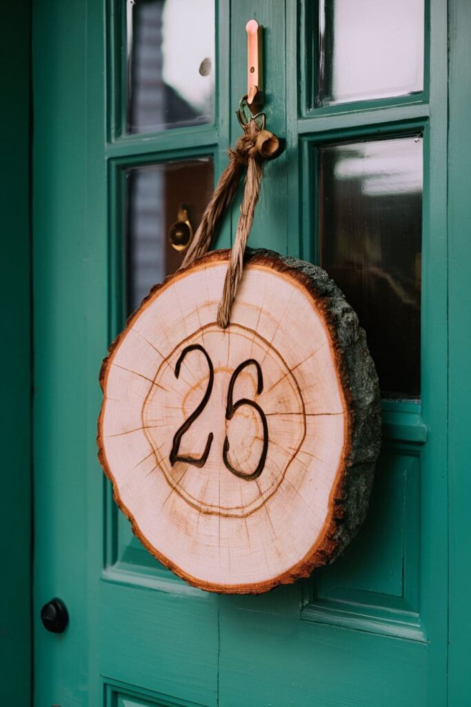 Large wood slice address sign with house numbers burned into the surface, hanging by a charming cottage front door