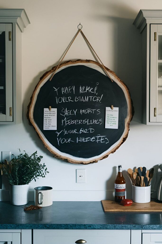 Large wood slice message board with a chalkboard surface, hanging in a kitchen with notes and reminders written