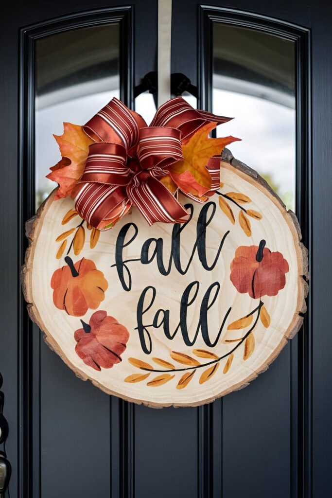 Large wood slice painted with a fall-themed design or message, with a ribbon for hanging on a front door