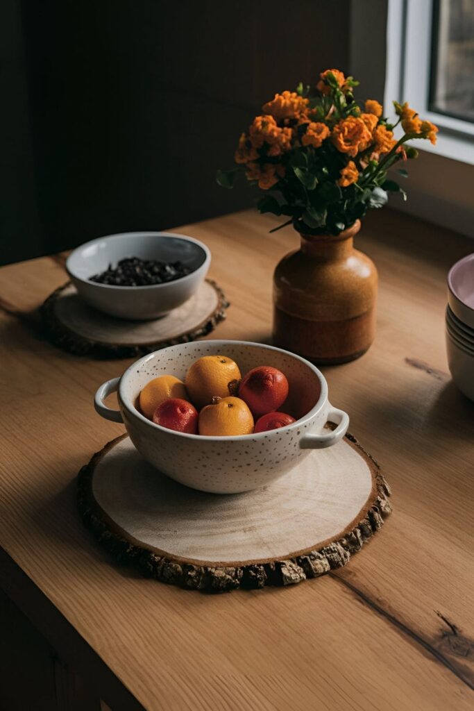 Large wood slice trivets with a heat-resistant finish, placed on a kitchen table to protect it from hot dishes