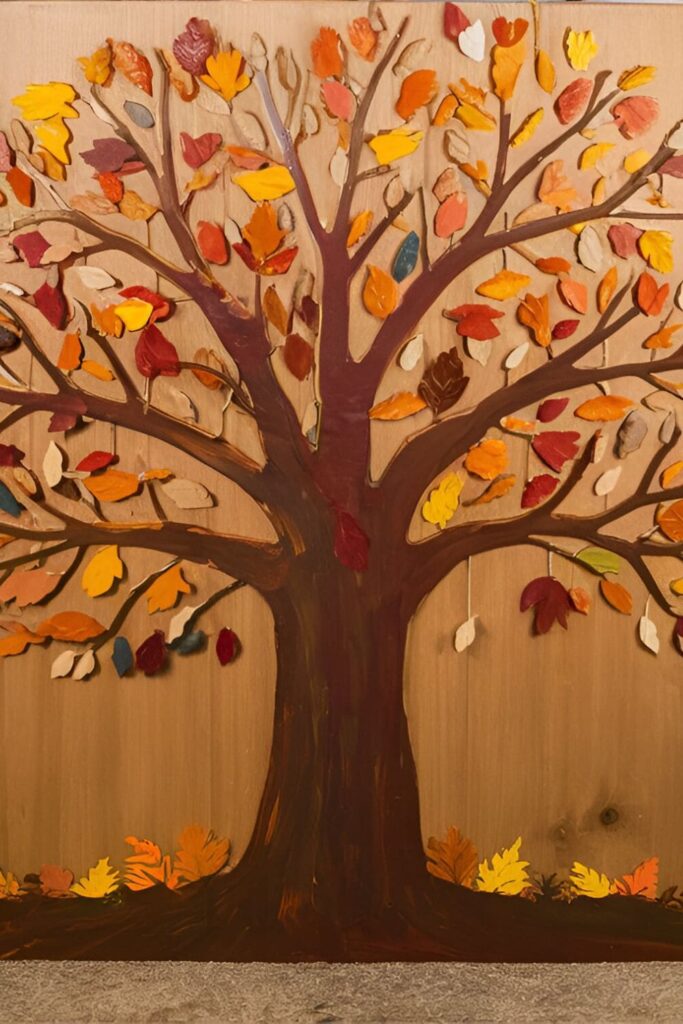 Large wooden board painted as an autumn tree with smaller wooden pieces for colorful fall leaves, made by a family