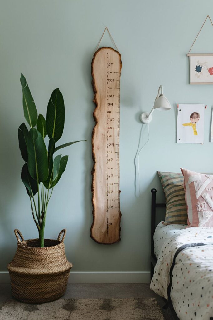 Long wood slice growth chart with measurements burned into the wood, hung on a child’s bedroom wall with height marks