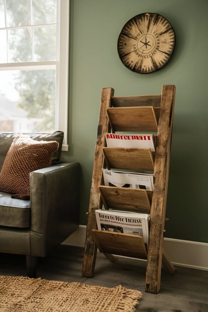 Magazine rack made from reclaimed wood with slots for holding magazines or newspapers