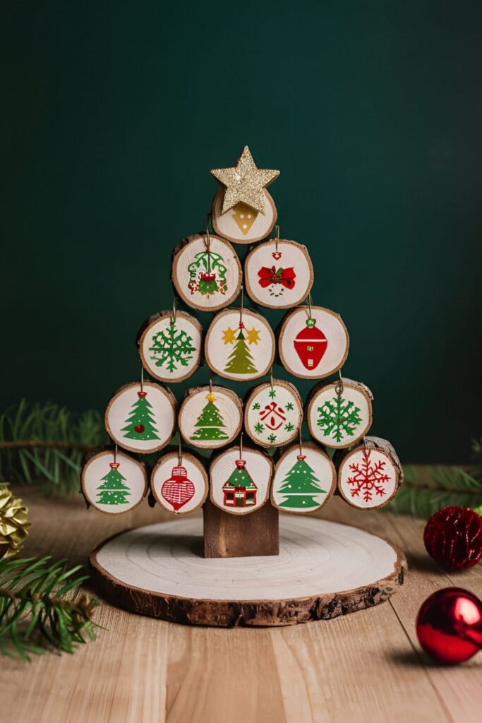 Mini Christmas tree made of wood slices arranged on a board, each slice decorated with holiday motifs