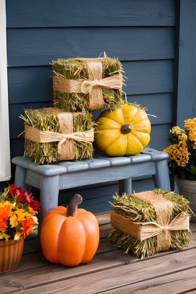 Mini hay bales crafted from wood blocks painted in straw colors and wrapped with twine, displayed on a porch