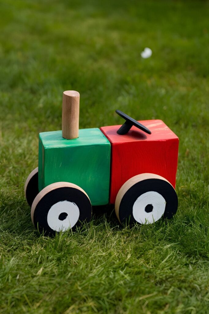 Mini tractor decoration made from wood blocks, painted in green or red with added wheels and a steering wheel