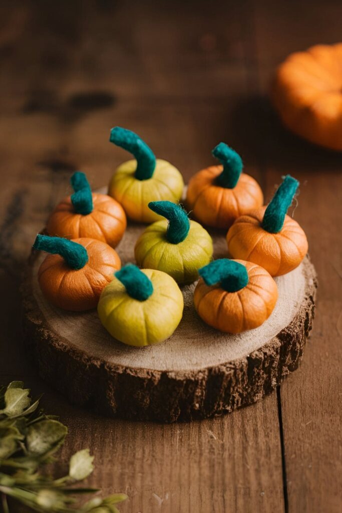 Miniature pumpkin patch made of painted wooden circles with green felt stems, displayed on a wooden base