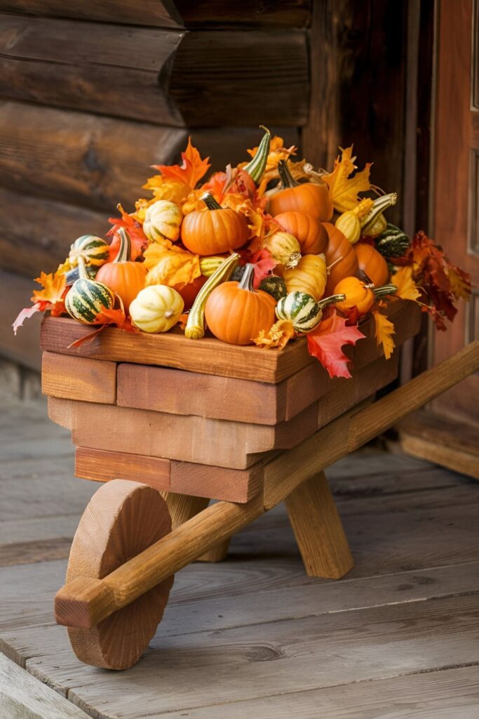 Miniature wheelbarrow made from wood blocks, painted in rustic colors and filled with small pumpkins, gourds, and leaves