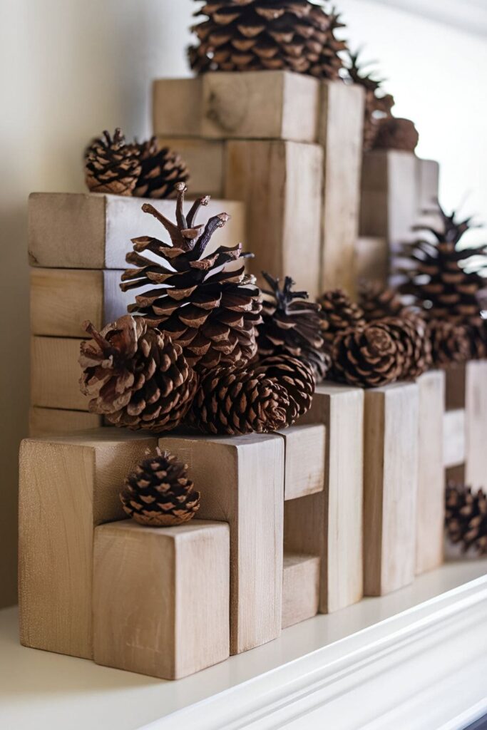 Neutral-toned wood blocks stacked as a base, with pinecones arranged on top, displayed on a mantel or coffee table