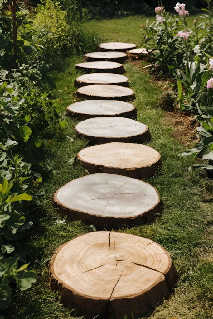 Path of large wood slice stepping stones in a garden, surrounded by greenery and flowers