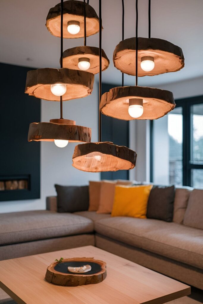 Pendant lights made from wood slices, hanging at different heights with light sockets fitted, illuminating a modern living room