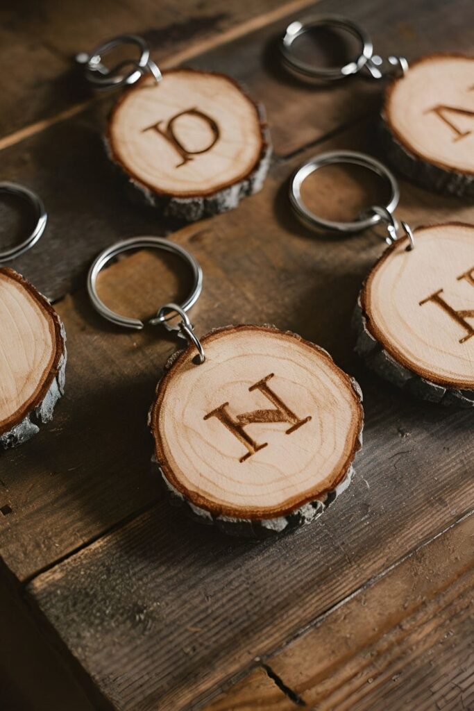 Personalized wood slice keychains with initials burned into the surface, attached to key rings on a wooden table