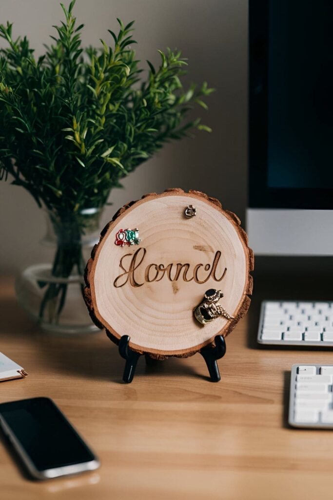 Personalized wood slice name plaques with names burned and decorative elements, displayed on a desk