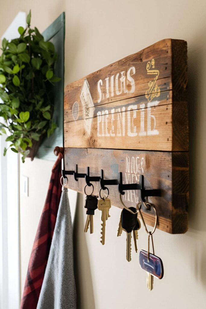 Reclaimed wood key holder with hooks for keys, personalized with paint and stencils, mounted near an entryway